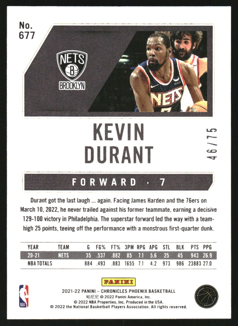 2021-22 Panini Chronicles 75th Anniversary #677 Kevin Durant/Phoenix