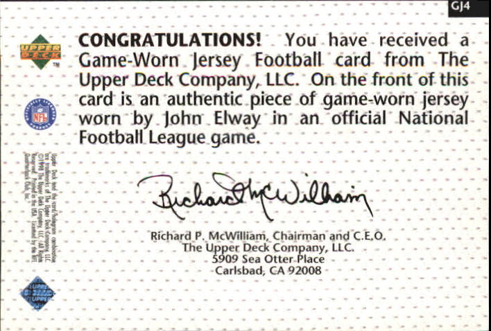 1998 Upper Deck Game Jerseys #GJ4 John Elway back image