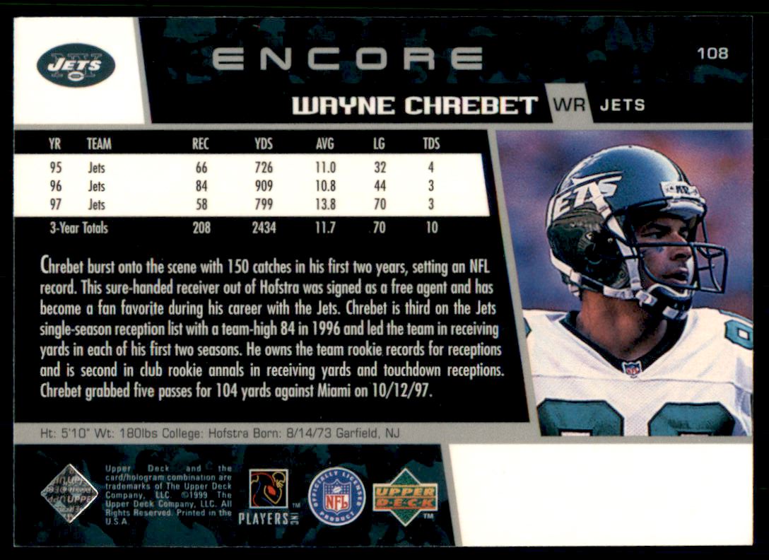 1998 Upper Deck Encore #108 Wayne Chrebet back image