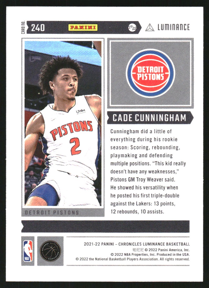 2021-22 Panini Chronicles Pink #240 Cade Cunningham/Luminance