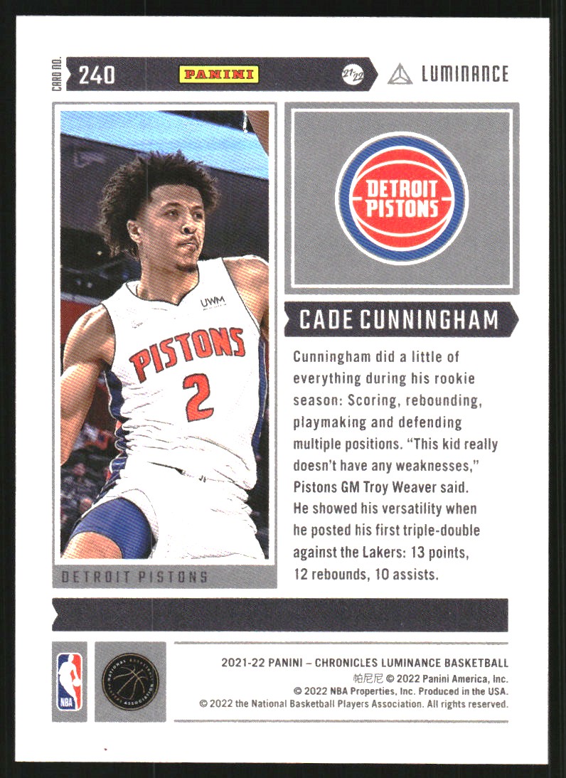 2021-22 Panini Chronicles Red #240 Cade Cunningham/Luminance