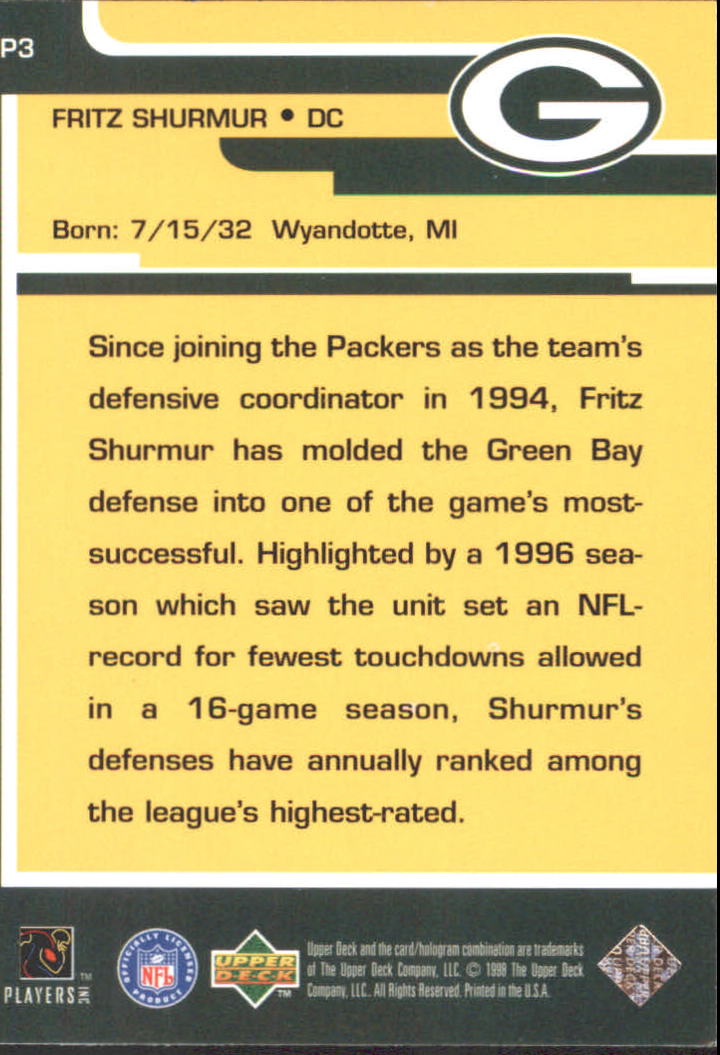 1998 Packers Upper Deck ShopKo #P3 Fritz Shurmur  CO LP back image