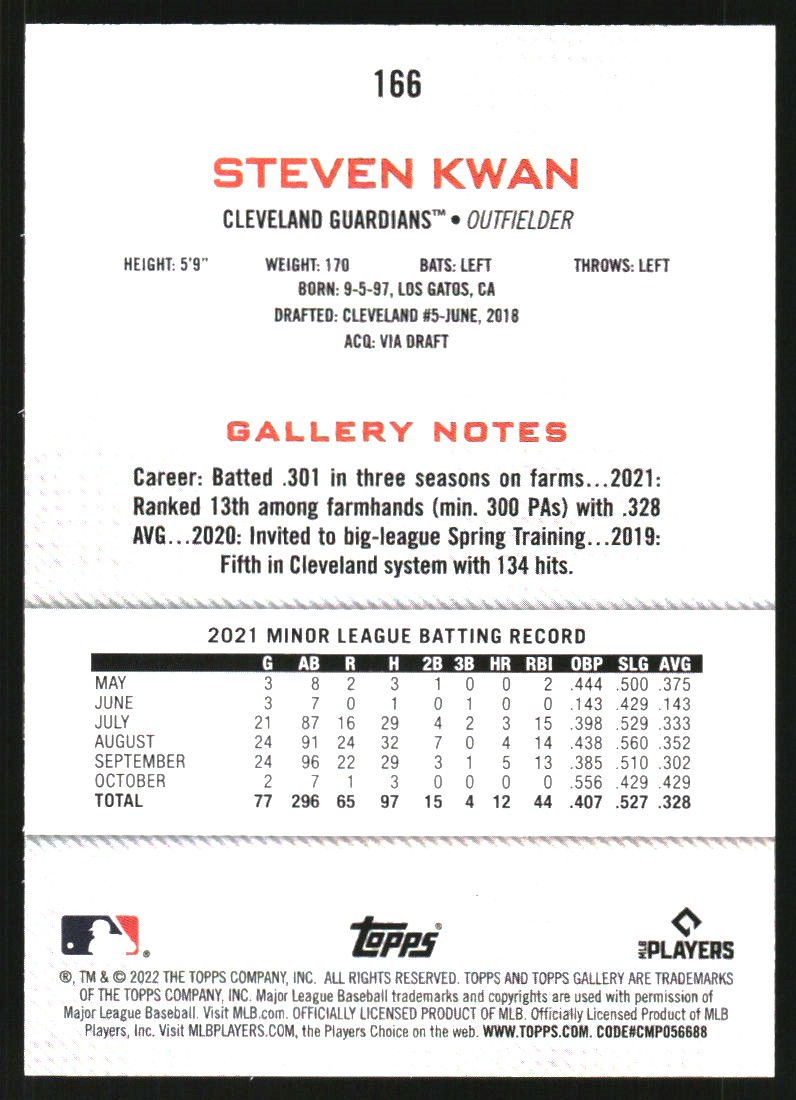 2022 Topps Gallery Printer Proofs #166 Steven Kwan