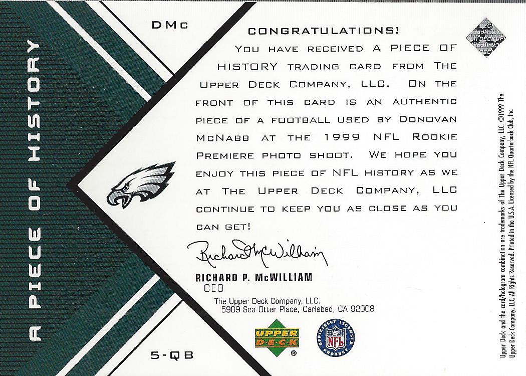 1999 Black Diamond A Piece of History #DMC Donovan McNabb H/R back image