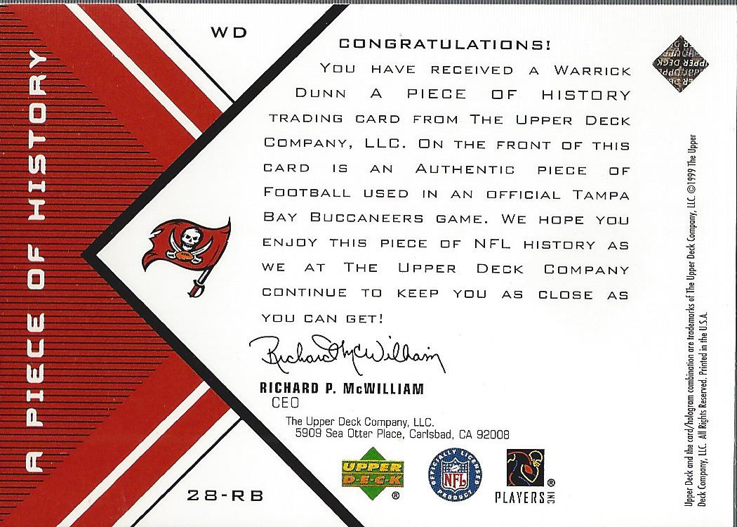 1999 Black Diamond A Piece of History Double #WD Warrick Dunn H back image