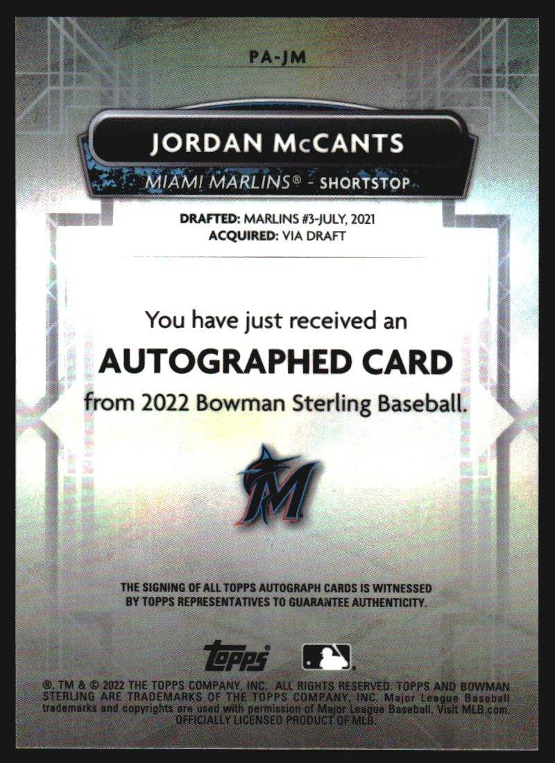 2022 Bowman Sterling Prospect Autographs Wave Refractors #PAJM Jordan McCants