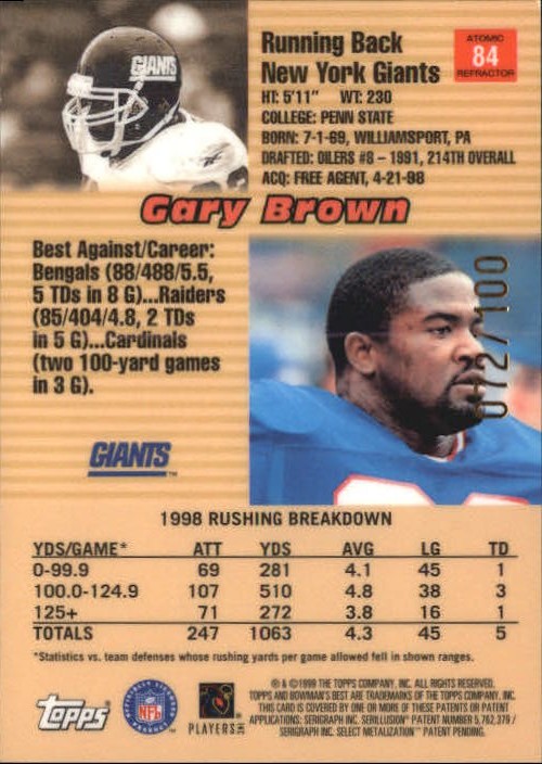 1999 Bowman's Best Atomic Refractors #84 Gary Brown back image