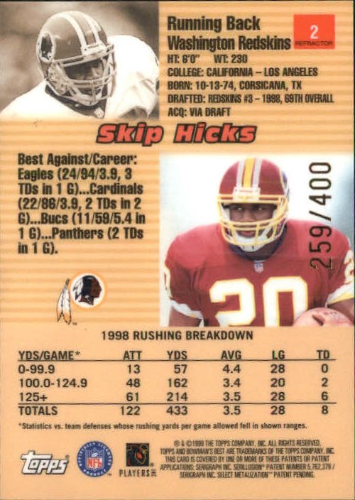 1999 Bowman's Best Refractors #2 Skip Hicks back image