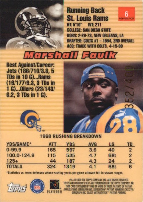 1999 Bowman's Best Refractors #6 Marshall Faulk back image