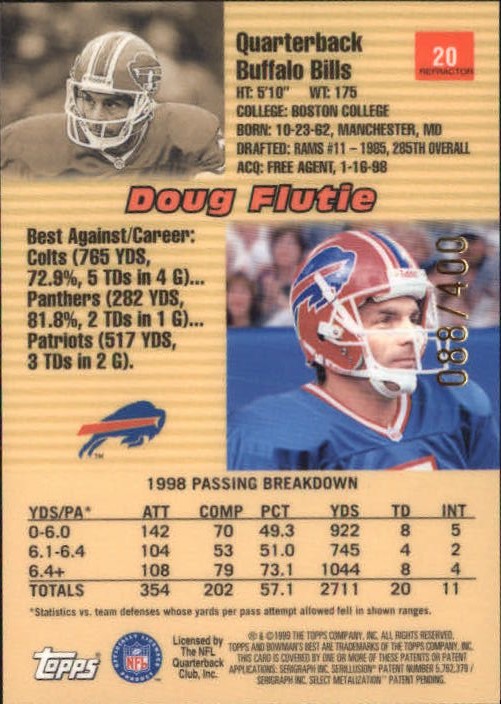 1999 Bowman's Best Refractors #20 Doug Flutie back image