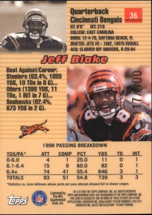 1999 Bowman's Best Refractors #36 Jeff Blake back image