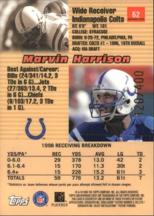 1999 Bowman's Best Refractors #62 Marvin Harrison back image