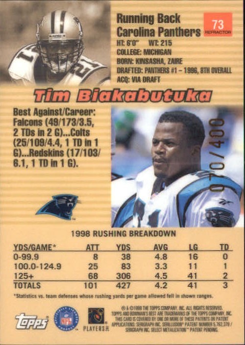 1999 Bowman's Best Refractors #73 Tim Biakabutuka back image