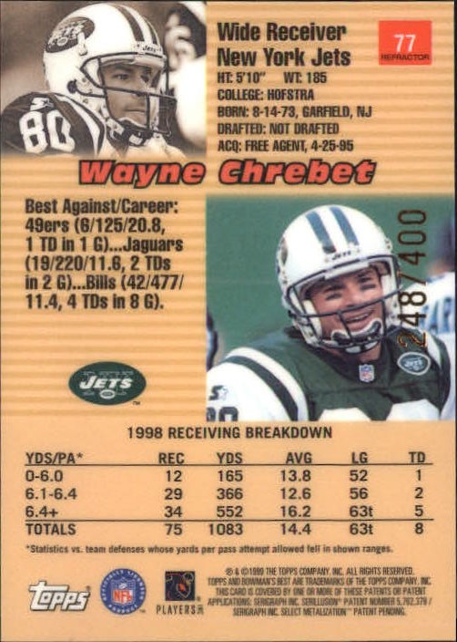 1999 Bowman's Best Refractors #77 Wayne Chrebet back image