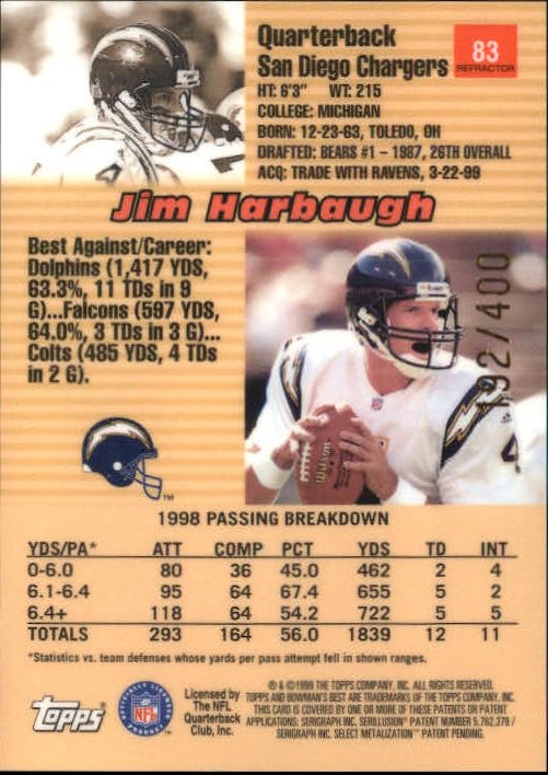 1999 Bowman's Best Refractors #83 Jim Harbaugh back image