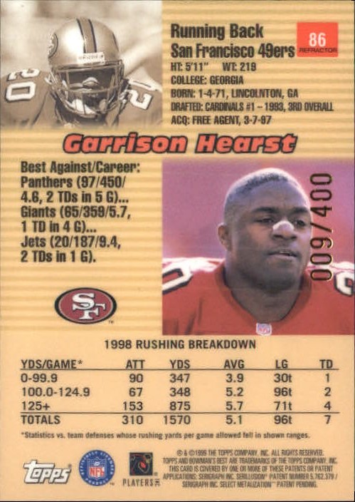 1999 Bowman's Best Refractors #86 Garrison Hearst back image