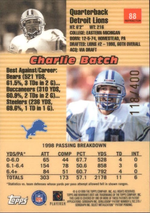 1999 Bowman's Best Refractors #88 Charlie Batch back image