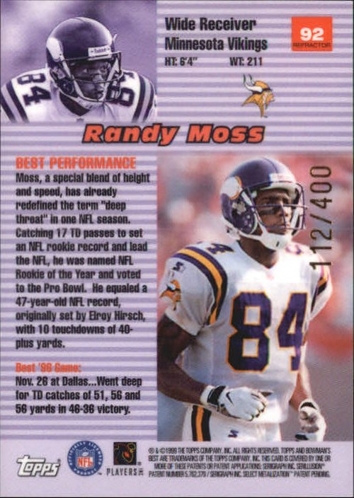 1999 Bowman's Best Refractors #92 Randy Moss BP back image
