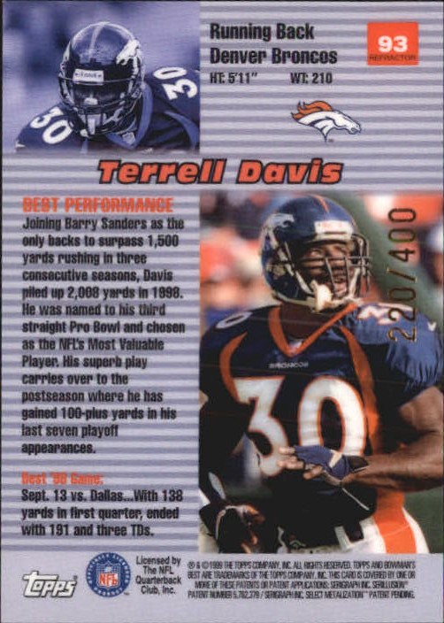 1999 Bowman's Best Refractors #93 Terrell Davis BP back image