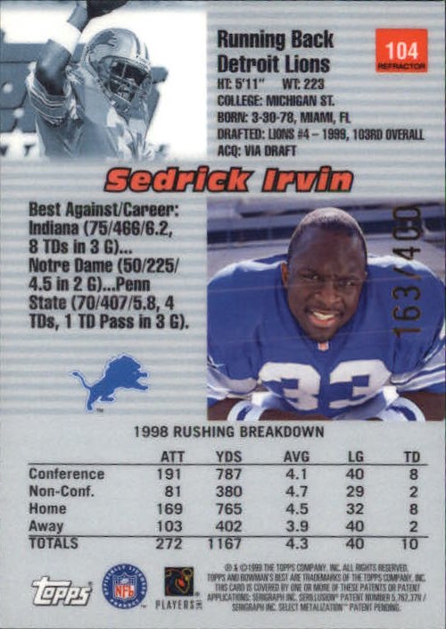1999 Bowman's Best Refractors #104 Sedrick Irvin back image