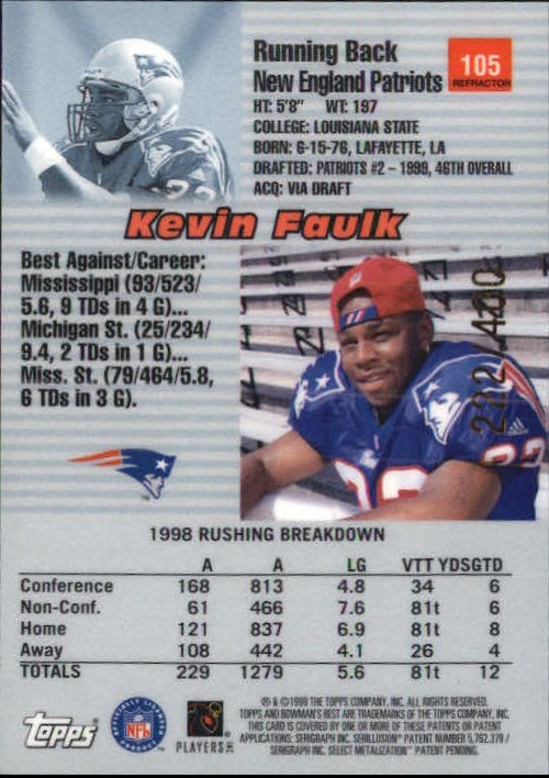 1999 Bowman's Best Refractors #105 Kevin Faulk back image
