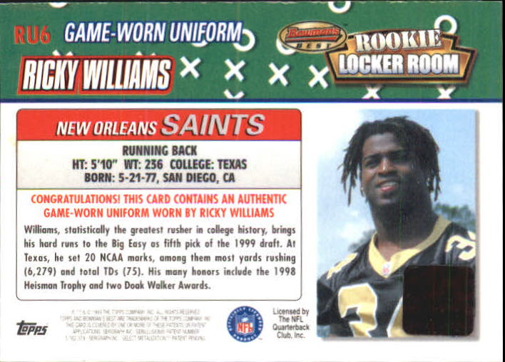 1999 Bowman's Best Rookie Locker Room Jerseys #RU6 Ricky Williams back image