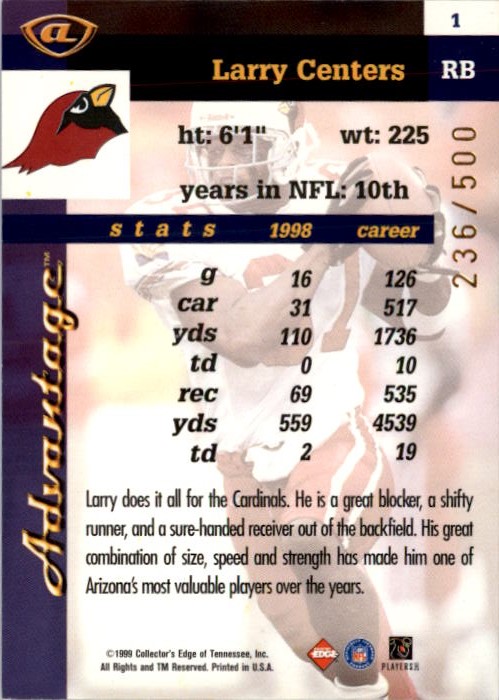 1999 Collector's Edge Advantage Galvanized #1 Larry Centers back image