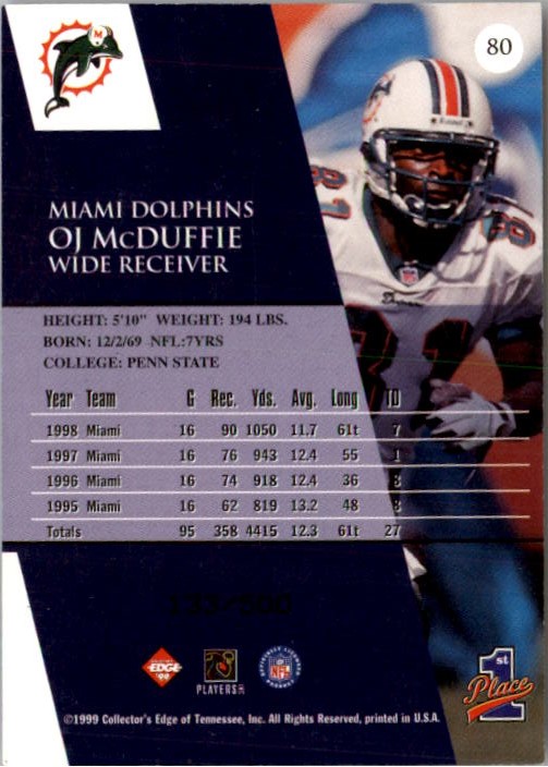 1999 Collector's Edge First Place Galvanized #80 O.J. McDuffie back image