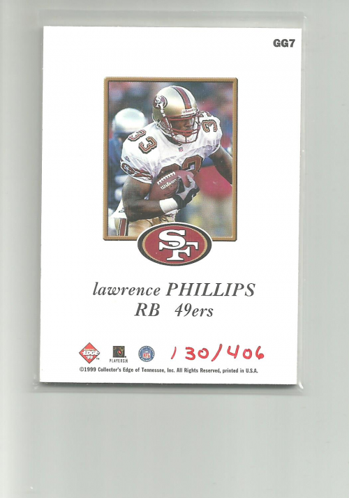 1999 Collector's Edge Odyssey GameGear #GG7 Lawrence Phillips/406 back image