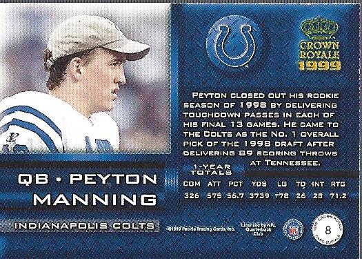1999 Crown Royale Card Supials Small #8 Peyton Manning back image