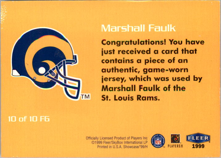 1999 Flair Showcase Feel The Game #10FG Marshall Faulk JSY back image