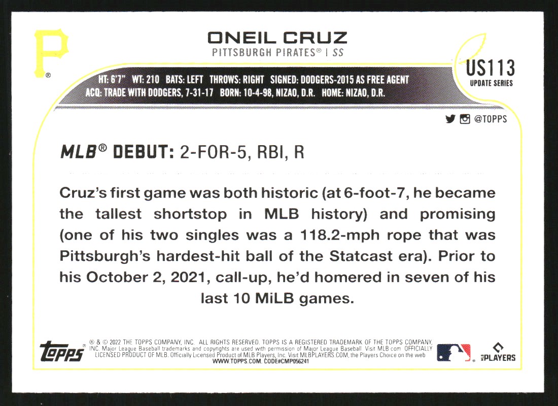 2022 Topps Update Rainbow Foil #US113 Oneil Cruz RD