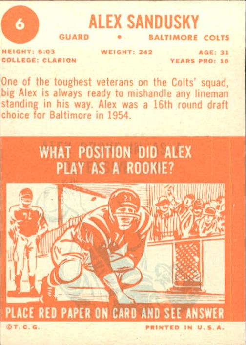 1963 Topps #6 Alex Sandusky COLTS VG/EX G57824 back image