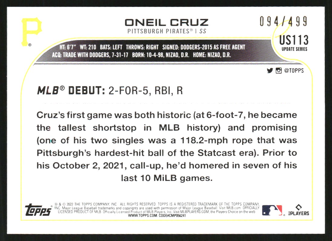 2022 Topps Update Green Foil #US113 Oneil Cruz RD