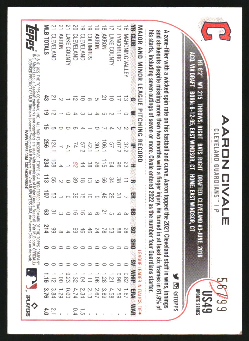 2022 Topps Update Vintage Stock #US49 Aaron Civale
