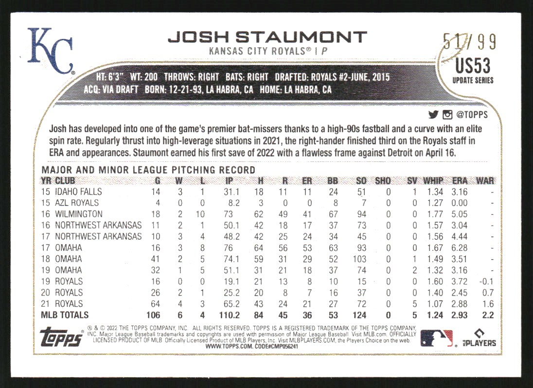 2022 Topps Update Vintage Stock #US53 Josh Staumont