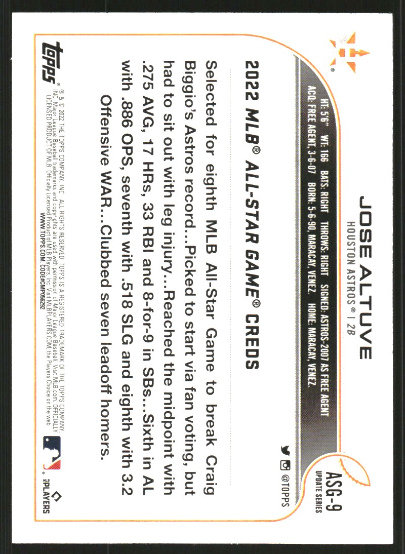 2022 Topps Update '22 All Star Game #ASG9 Jose Altuve