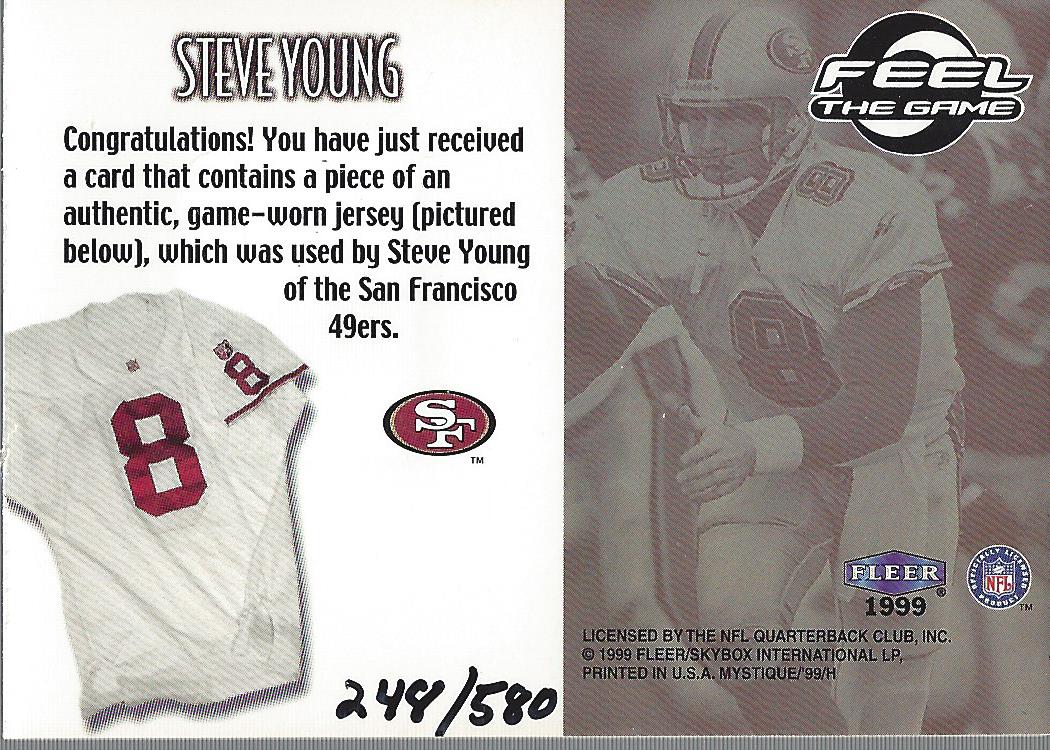 1999 Fleer Mystique Feel the Game #10 Steve Young/580 back image
