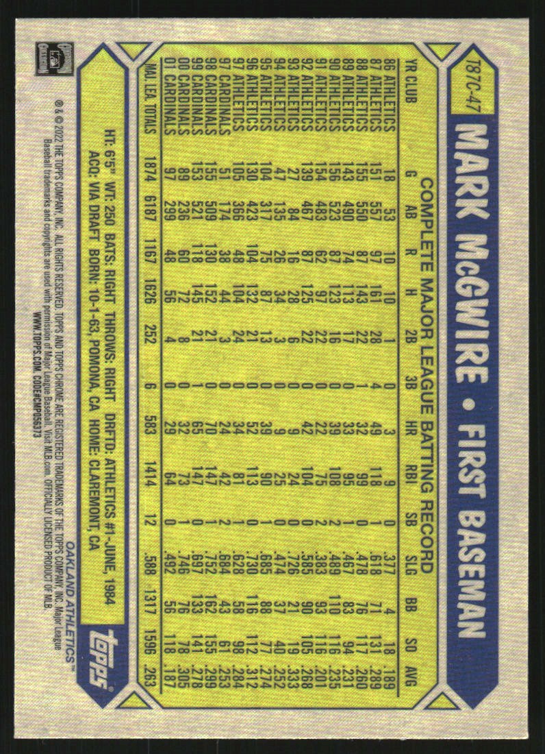 2022 Topps Update '87 Topps Silver Pack Chrome #T87C47 Mark McGwire