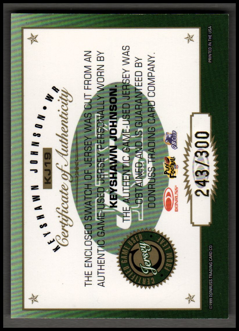 1999 Leaf Certified Gridiron Gear #KJ19 Keyshawn Johnson back image