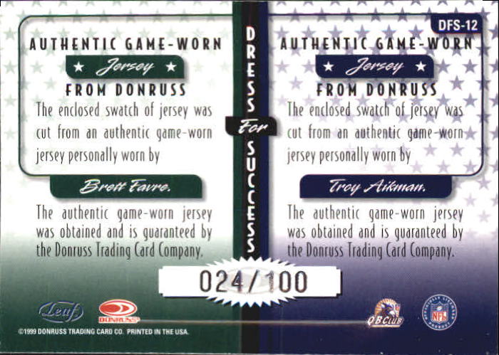 1999 Leaf Rookies and Stars Dress For Success #12 Brett Favre/Troy Aikman back image