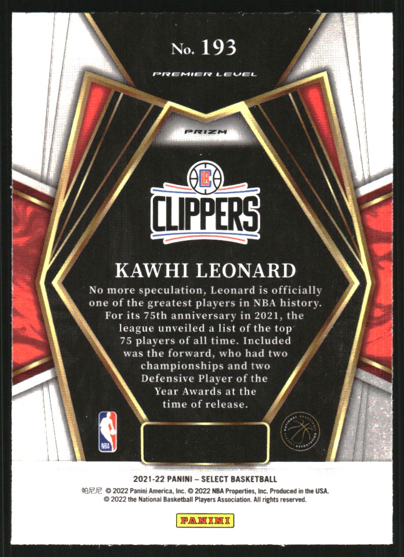2021-22 Select Prizms Tri-Color #193 Kawhi Leonard
