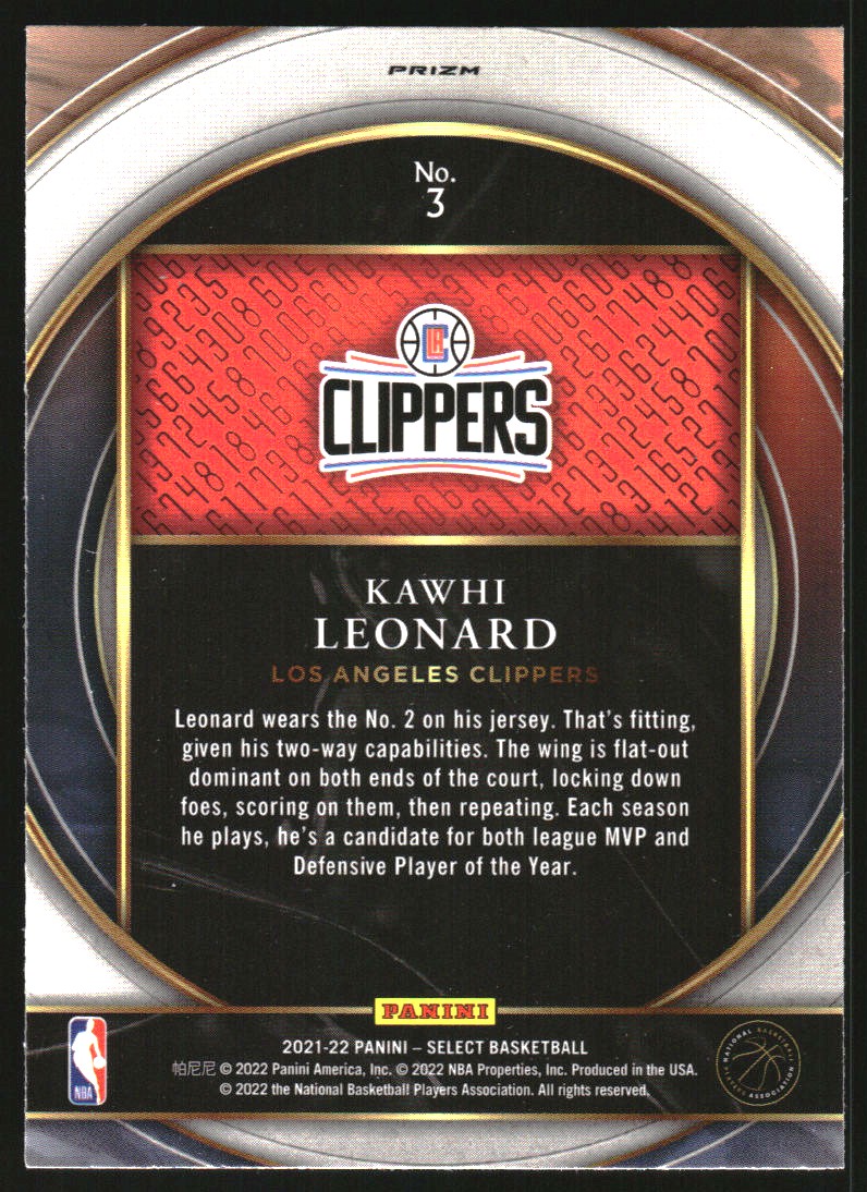2021-22 Select Numbers Prizms Blue #3 Kawhi Leonard