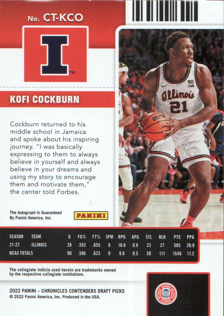 2022-23 Panini Chronicles Draft Picks Contenders College Ticket Autographs #15 Kofi Cockburn back image
