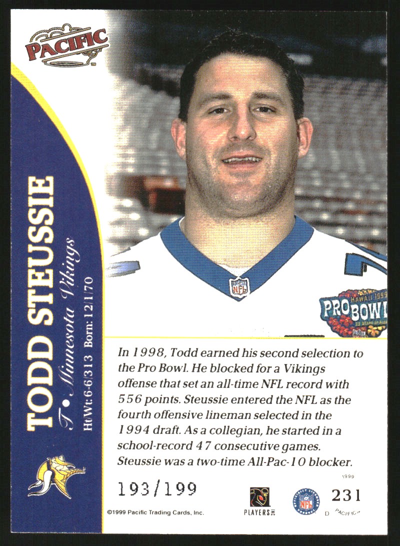 1999 Pacific Gold #231 Todd Steussie back image