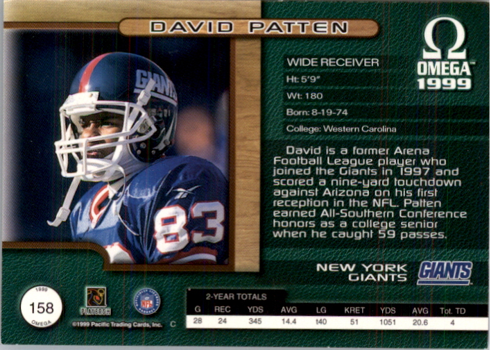 1999 Pacific Omega Platinum Blue #158 David Patten back image
