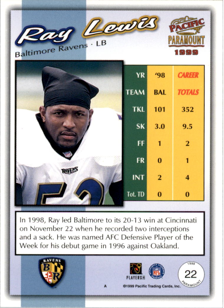 1999 Paramount Premiere Date #22 Ray Lewis back image