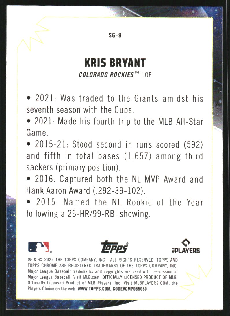 2022 Topps Cosmic Chrome Star Gaze SG9 Kris Bryant NMMT Burbank