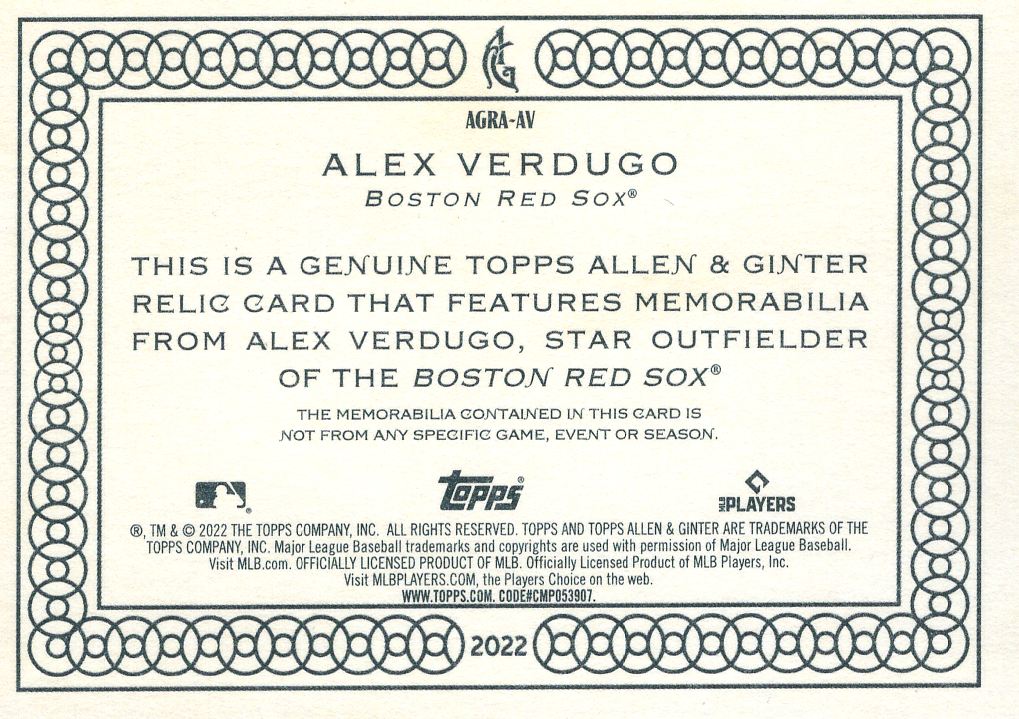 2022 Allen & Ginter Alex Verdugo Jersey Relic - Boston Red Sox
