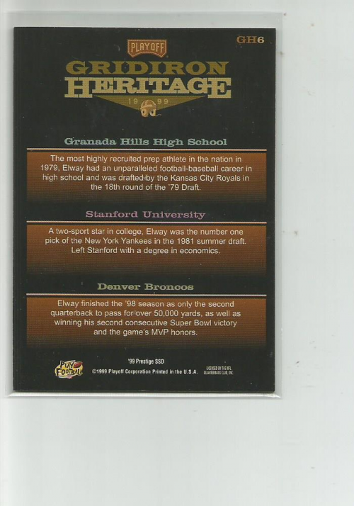 1999 Playoff Prestige SSD Gridiron Heritage #GH6 John Elway back image
